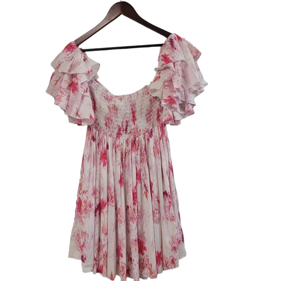 New Misa Los Angeles Women's Pink Floral Smocked Off Shoulder Mini Dress Medium - Picture 4 of 6